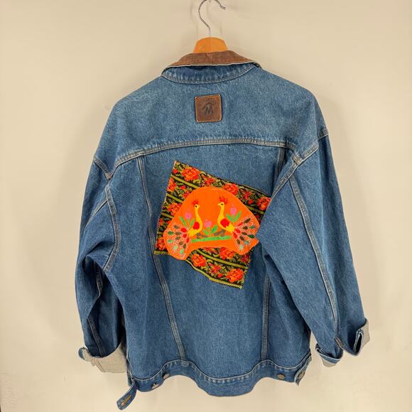 Vintage Marlboro Country Store Denim Jacket L Leather Collar Upcycled Embroidery - Picture 2 of 13